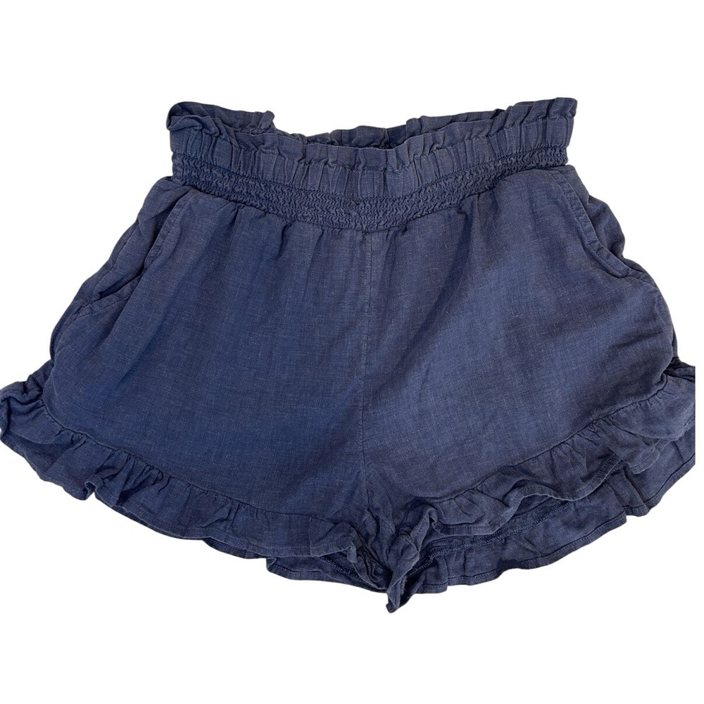 Aerie Ruffle Hem Shorts Womens‎ XS Navy Blue Smocked Paperbag Waist Linen Blend - Picture 2 of 9